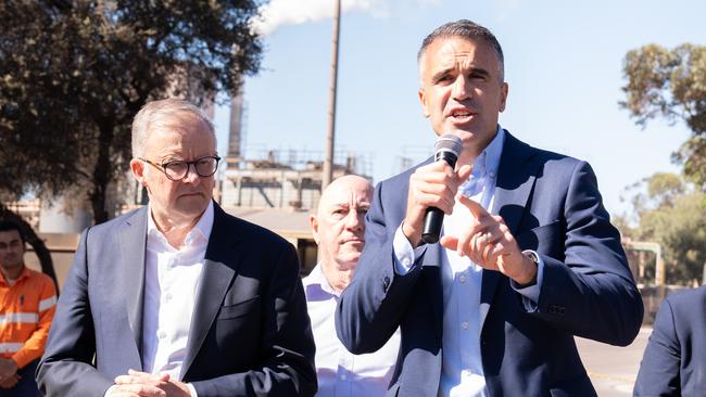 Anthony Albanese and South Australian Premier Peter Malinauskas visiting with workers at Whyalla Steelworks in South Australia. Picture: NewsWire / Tim Joy