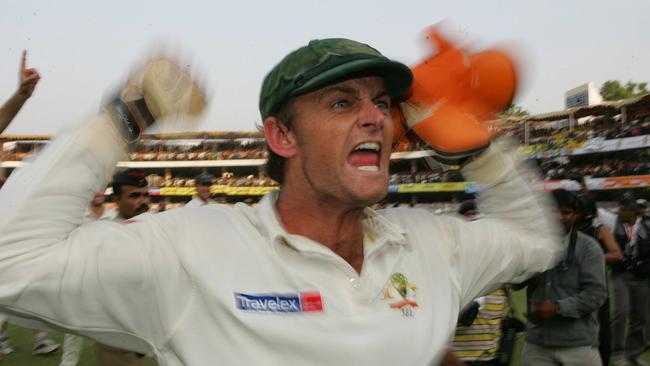 Stand-in captain Adam Gilchrist celebrates victory in India in 2004