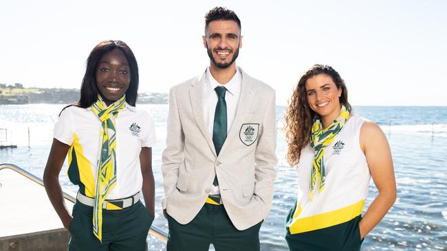 Australian athletes (L-R) Benedere Oboya (400m), Safwan Khali (taekwondo) and Jessica Fox (canoe slalom) model the Australian 2020 Tokyo Olympic Games Opening Ceremony Uniform in Sydney. Picture: Matt King/Getty Images