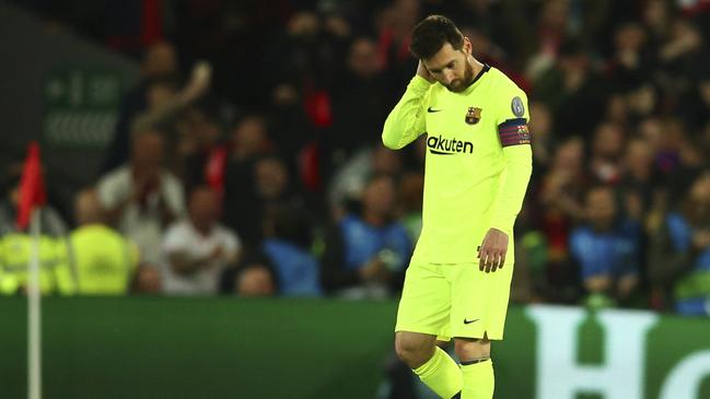 Barcelona's Lionel Messi leaves the field. Picture: AP