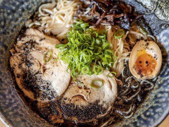 Tonkotsu’s Black Ramen which includes hot pork broth filled with wheat noodles and topped with sliced pork, half-boiled egg, seaweed and fresh green shallots, is infused with black garlic and has an additional topping of sliced cloud ear mushrooms is one of several ramen dishes the restaurant offers. Picture: EDDIE SAFARIK