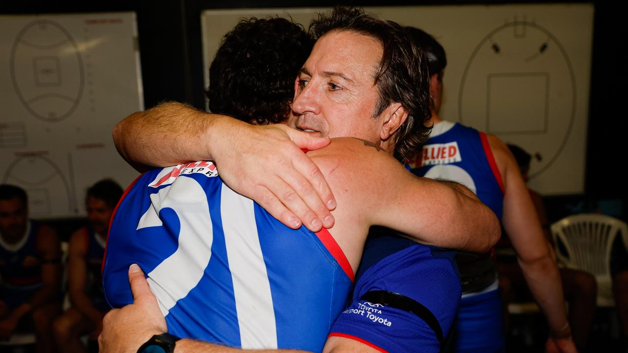 Liberatore embraces coach Luke Beveridge after he became the longest-serving coach in Western Bulldogs history in round 24, 2024. Picture: Dylan Burns / Getty Images