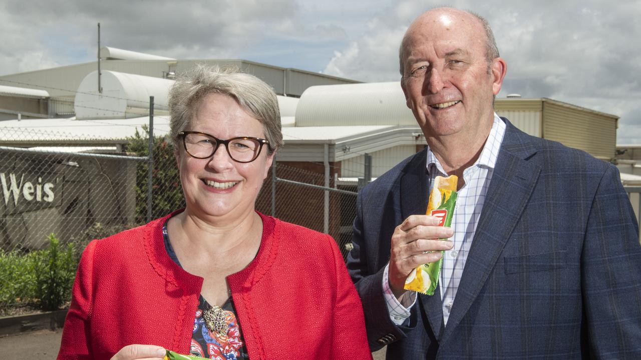 Geraldine Mackenzie, USQ Vice-Chancellor and Bill Armagnacq, Chairman of Heritage Bank Charitable Foundation Heritage Bank. USQ and Heritage Bank to receive a $1m donation from Unilever after the sale of the Weis factory. Picture: Nev Madsen.