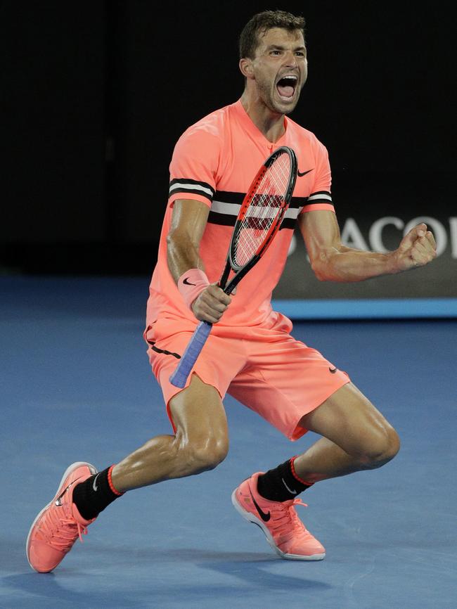 Bulgaria's Grigor Dimitrov celebrates after defeating Australia's Nick Kyrgios. Photo: AP