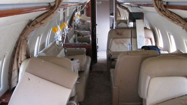 Interior of Challenger jet after experiencing wake turbulence from an Australian-bound A380 over the Arabian Sea in January. Picture: BFU