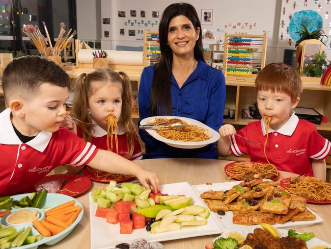 Chief Nutrition Officer Mandy Sacher and students having lunch at a MindChamps Centre in Sydney. Picture: Chris Pavlich