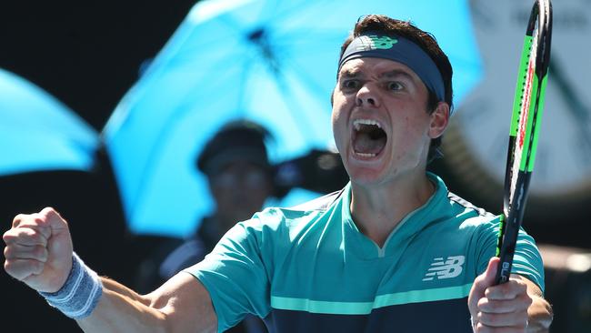 Milos Raonic celebrates his three-set win into the quarterfinals. Picture: Michael Klein