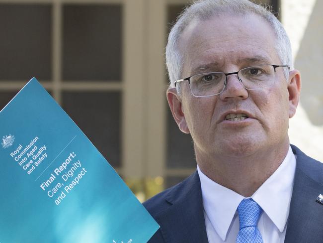 SYDNEY, AUSTRALIA - MARCH 01: Australian Prime Minister Scott Morrison delivers the Royal Commission Report into Aged Care during a press conference at Kirribilli House on March 01, 2021 in Sydney, Australia. The final report from the Royal Commission into Aged Care Quality and Safety was tabled in parliament today, making 148 recommendations for reform in the aged care sector. In response to the report, Prime Minister Scott Morrison has announced an additional $452.2 million in funding for reforms in the sector. (Photo by Jenny Evans/Getty Images)