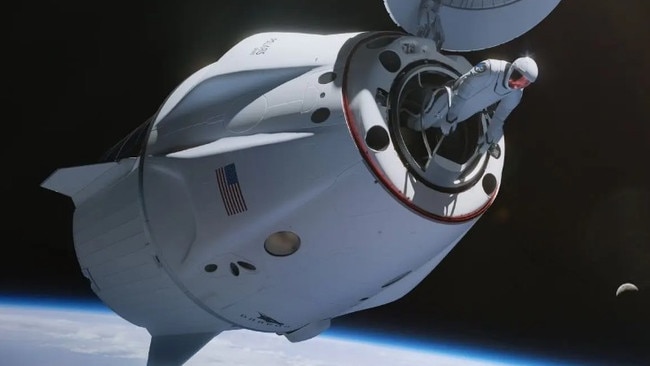 Isaacson will exit the capsule, as shown in this artist's rendering, and endure the brutality of outer space.