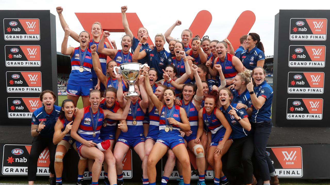 The Bulldogs celebrate the AFLW premiership earlier this year.