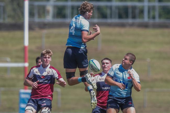 Ed Kasprowicz leaps into the air for the Waratahs under-18s earlier this year. Picture: Stephen Archer.