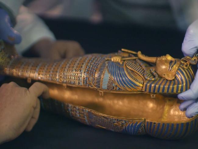 One of the small sarcophagi used to store Tutankhamun’s preserved internal organs. Screen capture: King Tut: Forgotten Treasure