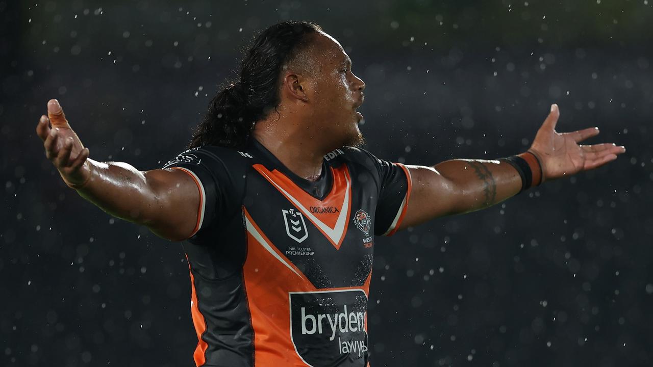 GOSFORD, AUSTRALIA - FEBRUARY 25: Luciano Leilua of the Tigers reacts during the NRL Trial Match between the Sydney Roosters and the Wests Tigers at Central Coast Stadium on February 25, 2022 in Gosford, Australia. (Photo by Ashley Feder/Getty Images)