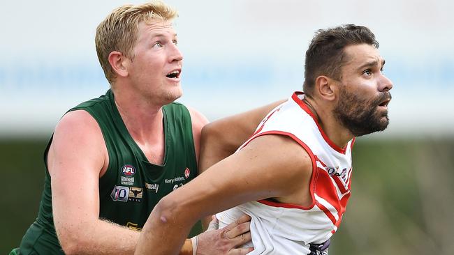 St Mary's ruckman Ryan Smith and Waratah counterpart Arnold Kirby contest a boundary throw-in. Picture: Felicity Elliott AFLNT/Media