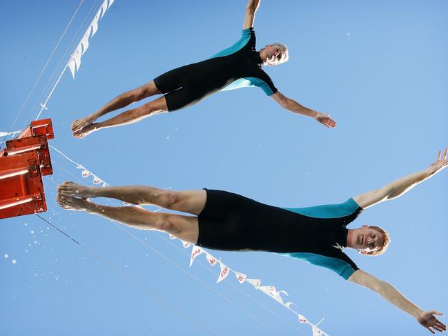 EKKA, Steve Black, 47, Surfers Paradise, 0405663011, & Liam Atkins, 21, Melbourne, warming up for their International Extreme High Diving Team show. RNA Showgrounds, Bowen Hills. Photographer: Liam Kidston.