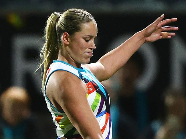 ADELAIDE, AUSTRALIA - OCTOBER 10: Matilda Scholz of the Power kicks a goal during the 2024 AFLW Round 07 match between the Port Adelaide Power and the Collingwood Magpies at Alberton Oval on October 10, 2024 in Adelaide, Australia. (Photo by Sarah Reed/AFL Photos via Getty Images)