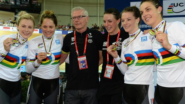 Annette Edmondson, Ashlee Ankudinoff, Gary Sutton, Rebecca Wiasak, Amy Cure and Melissa Hoskins after winning the team pursuit at last year's track cycling world championships. Picture: Cycling Australia.