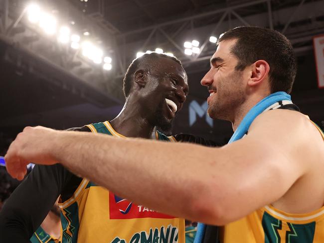 Majok Deng and Fabijan Krslovic celebrate the JackJumpers’ win on Sunday. (Photo by Kelly Defina/Getty Images)