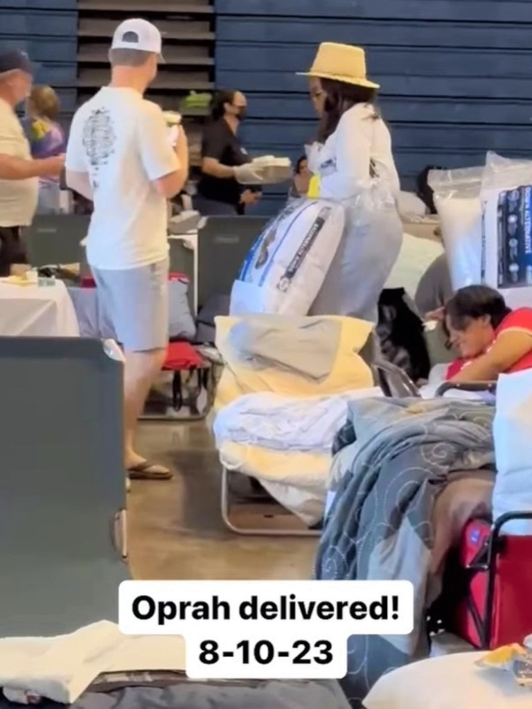 Oprah Winfrey was spotted clutching pillows at a shelter in Hawaii. Picture: Instagram/ Kākoʻo Haleakalā.