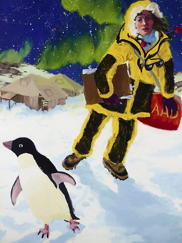 <p>Wendy Sharpe <br/> <em>Self portrait in Antarctic with penguin and Mawson's huts<br/> </em>From Archibald 2012, Art Gallery of NSW, 31 March to 3 June 2012.</p>