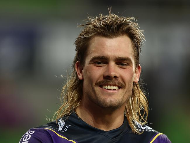 MELBOURNE, AUSTRALIA - APRIL 03: Ryan Papenhuyzen of the Storm smiles following victory in the round four NRL match between the Melbourne Storm and the Canterbury Bulldogs at AAMI Park on April 03, 2022, in Melbourne, Australia. (Photo by Graham Denholm/Getty Images)