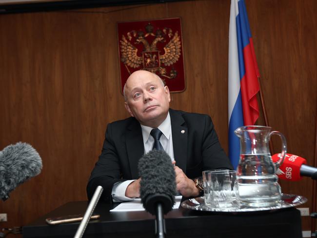 Russian ambassador Grigory S. Logvinov during a brief to media at the Russian Embassy in Canberra. Picture Gary Ramage