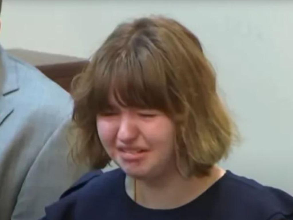 The 15-year-old girl broke down in tears after being found guilty of murdering her mum. Picture: Court TV