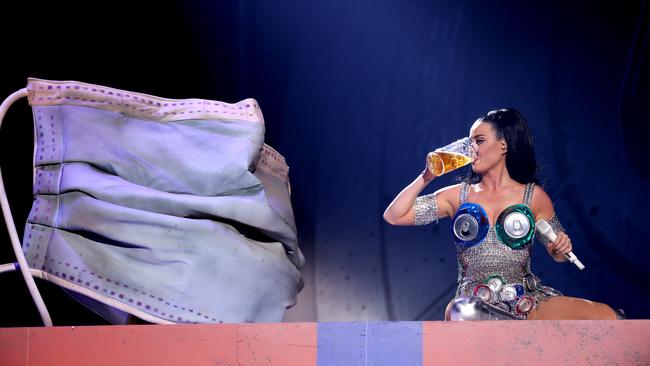 The E.T. singer poured beer out of her bustier during the opening night of her Las Vegas residency. Picture: John Shearer/Getty Images for Katy Perry.