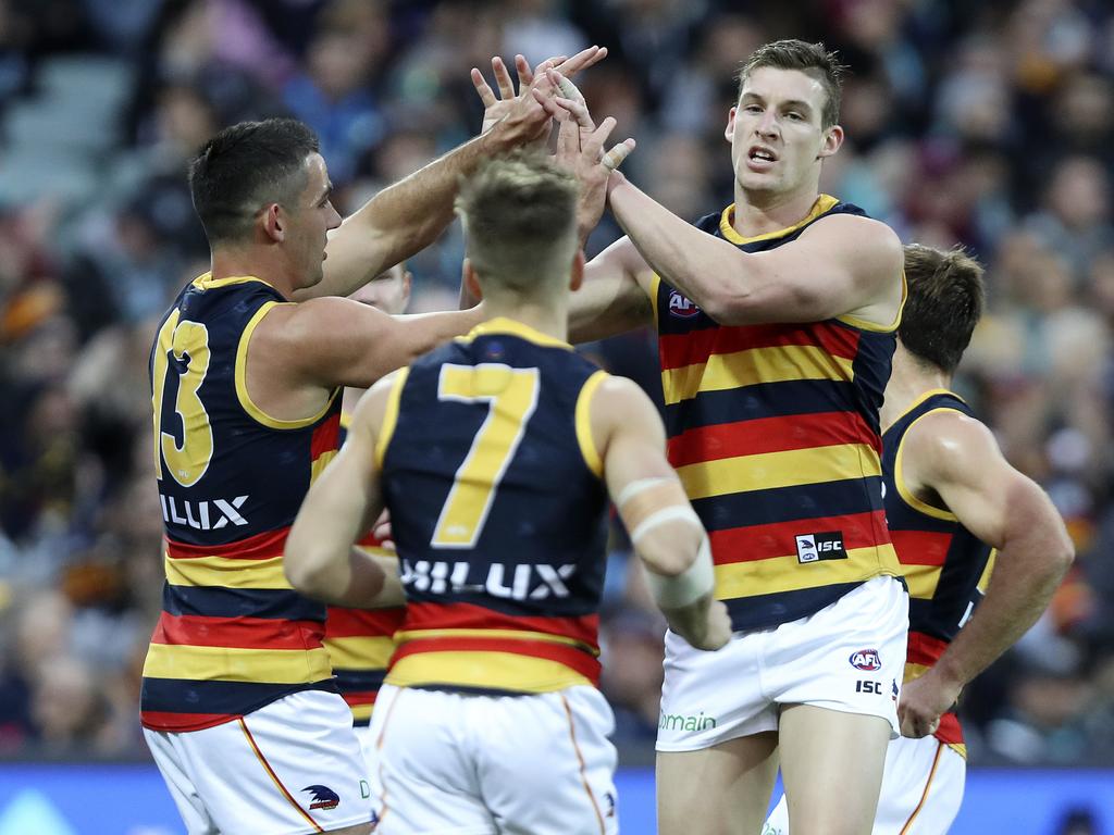 Crows’ Josh Jenkins celebrates his goal. Picture: Sarah Reed