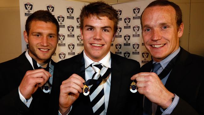 The 2013 Liston Trophy winners (from left) Box Hill’s Mitch Hallahan, Geelong's Jordan Schroeder and North Ballarat's Steve Clifton. Picture: David Callow