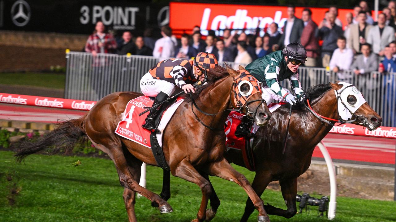 Southport Tycoon (outside) ran down Growing Empire in the Manikato Stakes. Picture: Vince Caligiuri-Getty Images