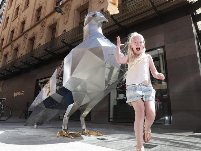 Unveiling of the latest City of Adelaide public art piece in Gawler Place, Pigeon.Emerald Waugh ,8 ( mum ebony 0414 947 325) with the pigeon in Rundle Mall on the 6th November 2020. Pic Tait Schmaal.