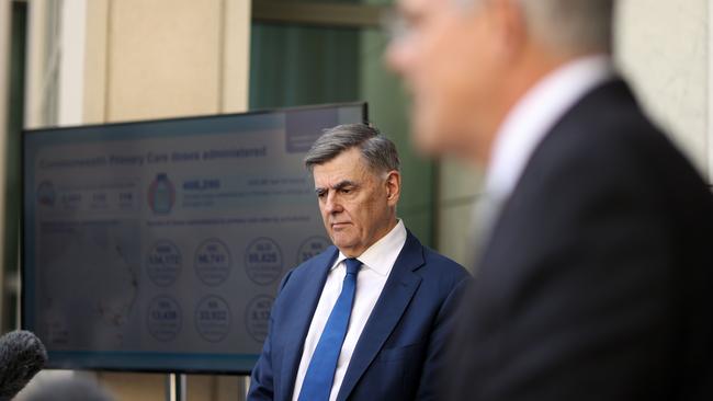 Prime Minister Scott Morrison with Professor Brendan Murphy during a press conference at Parliament House in Canberra. Picture: NCA NewsWire/Gary Ramage