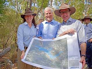 SITE VISIT: Deputy Prime Minister Michael McCormack (middle) with Member for Maranoa David Littleproud and Queensland LNP Senate candidate Susan McDonald at the proposed site of the Emu Swamp Dam. Picture: Matthew Purcell