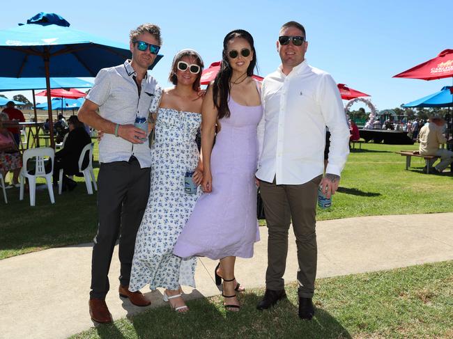 BAIRNSDALE, AUSTRALIA – MARCH 22 2024 Gerard Hayes, Indy Fries, Cass Rendell and Brad Briggs attend the Bairnsdale Cup race day. Picture: Brendan Beckett