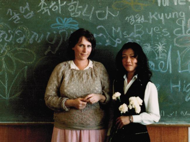 Former schoolteacher Joy Bye, who taught at the Beverly Hills Intensive English Language Centre, early 1980s, with student. Source: Supplied.