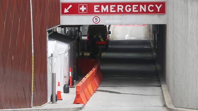 Ambulances who deliver patients to the Royal Hobart Hospital now have less space in the ambulance bay due to tents erected for future COVID patients.  Picture: Nikki Davis-Jones