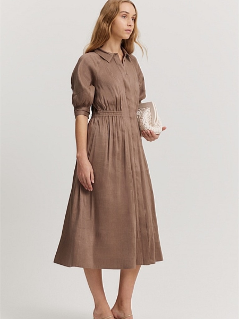 Country Road Organically Grown Linen Blend Fluid Cinched Shirt Dress in Mocha. Picture: Country Road.