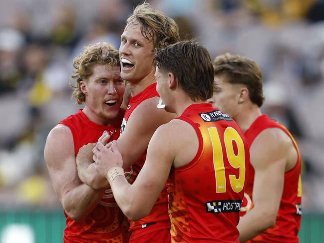 Jack Lukosius celebrates against the Tigers in round 24. Picture: Darrian Traynor/Getty Images