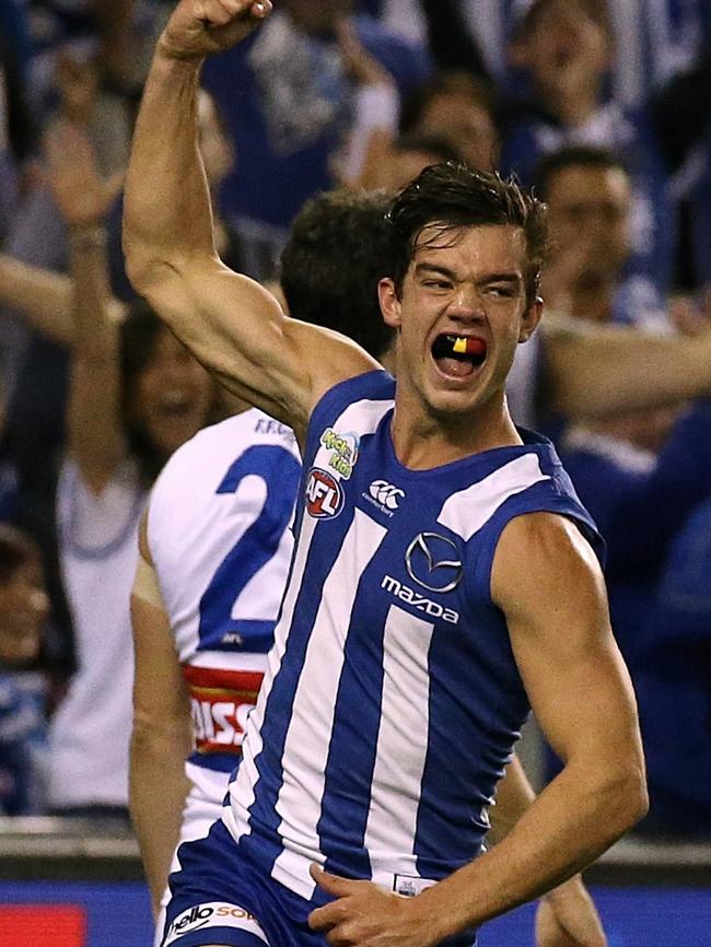 Jy Simpkin celebrates a last term goal. Picture: Wayne Ludbey