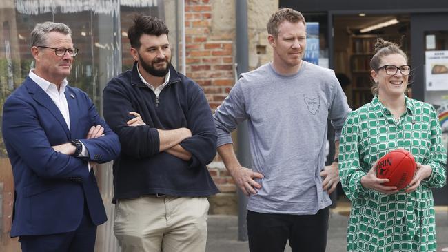 Grant O'Brien Chair of the Tasmanian AFL Club, Damian Gill Head of AFL Tasmania, Jack Riewoldt, Kathryn McCann board member Tasmania Football Club. Picture: Nikki Davis-Jones