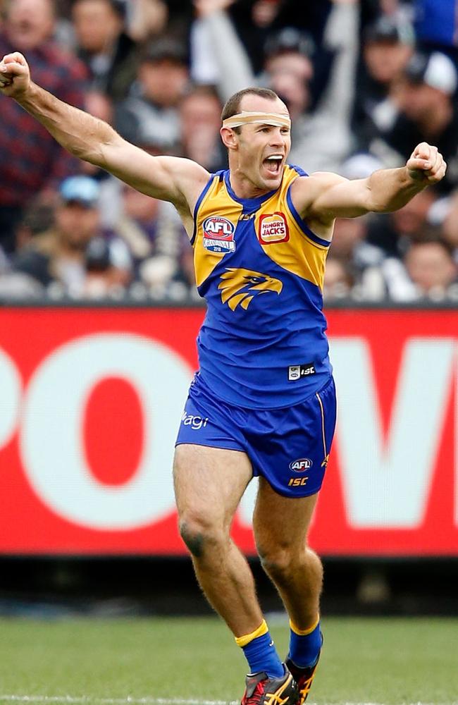 Hurn was coming back from the interchange bench after copping a cut to his head when Dom Sheed kicked the winning goal in the grand final against Collingwood. Picture: Darrian Traynor (Getty).