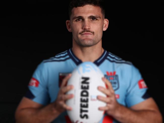 SYDNEY, AUSTRALIA - MAY 19: (EDITORS NOTE: Image was altered with digital filters.) Nathan Cleary poses during a NSW Blues State of Origin Squad Media Opportunity at NSWRL Centre of Excellence on May 19, 2025 in Sydney, Australia. (Photo by Jason McCawley/Getty Images)