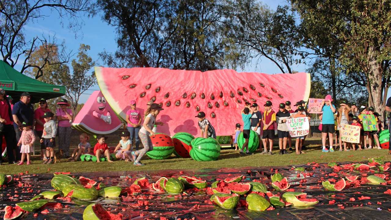 Chinchilla residents gathered in joy this morning to celebrate the unveiling of the 'Next Big Thing', the Big Melon. Picture: Amani Vassiliou