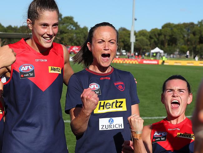 Injured Melbourne star Daisy Pearce’s teammates did the job in her absence, but will she be ready to face the Crows? Picture: Getty Images