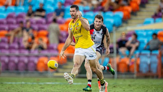 Joel Budarick and Beau Schwarze as Southern Districts took on the Nightcliff Tigers in the 2024-25 NTFL men's semi-final. Picture: Pema Tamang Pakhrin