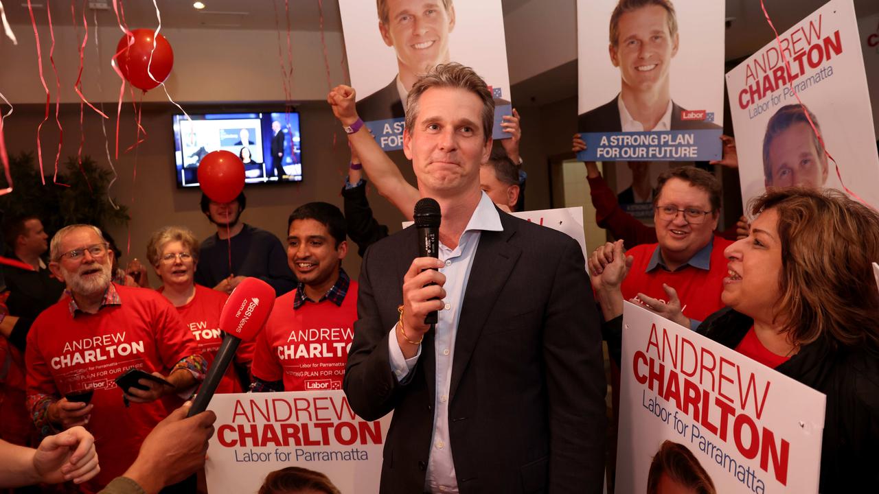 Andrew Charlton delivers his victory speech to the Labor faithful on Saturday. Picture: Damian Shaw