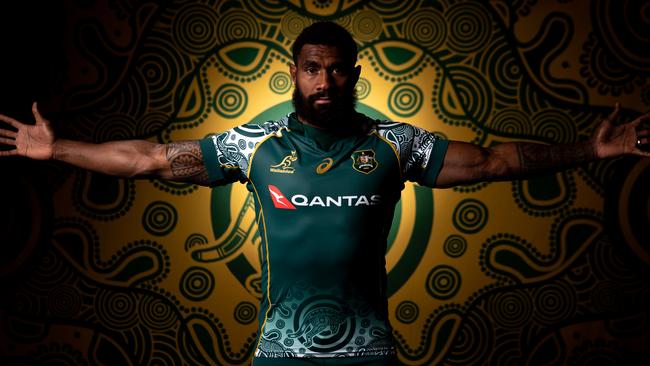 Marika Koroibete with the First Nations jersey the Wallabies will wear next weekend against the All Blacks Picture: Getty Images