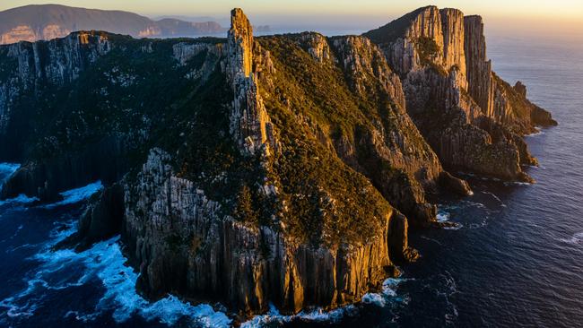 Single use Fees apply - Aerial shot at sunrise of The Blade in the Tasman National Park. Photographer: Loic Le Guilly