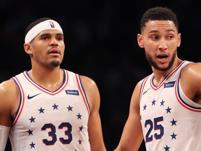 US NBA star Tobias Harris, left, with his Philadelphia 76ers teammate, Australia’s Ben Simmons ... Harris has paid tribute to his friend Alex Aurrichio, who was tragically killed in a crash with a motor vehicle while cycling in Darwin’s rural area. Picture: Getty Images